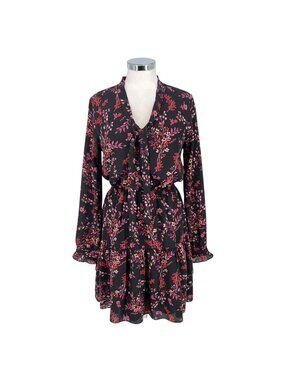 Nanette Lepore Dragonfruit Multi Black Floral Long Sleeve Tie Neck Dress Size 10